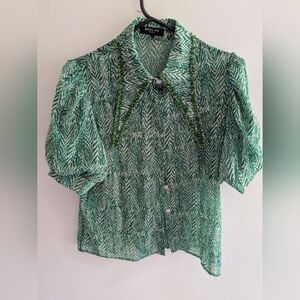 Beulah Green and White Patterned Blouse